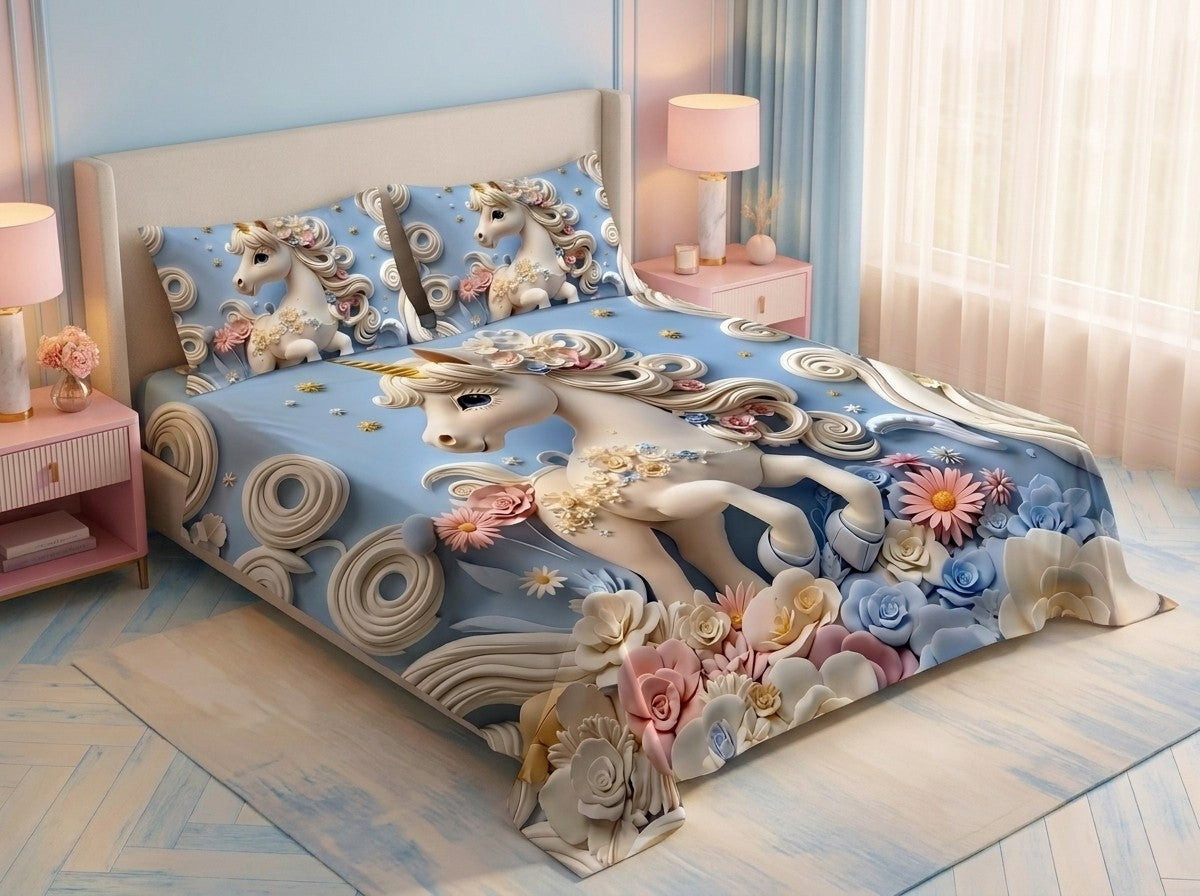 Magic Nights Dream Unicorn 7D Bedsheet - (Blue)