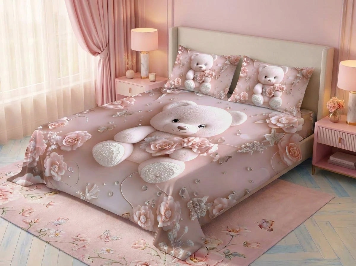 Magic Nights Rosy Teddy 7D Bedsheet - (Pink)