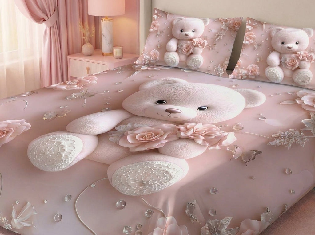 Magic Nights Rosy Teddy 7D Bedsheet - (Pink)