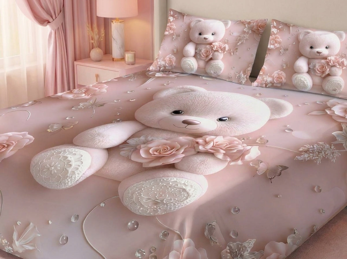 Magic Nights Rosy Teddy 7D Bedsheet - (Pink)