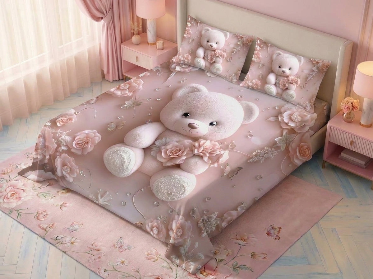 Magic Nights Rosy Teddy 7D Bedsheet - (Pink)