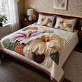 Blush Hibiscus Printed Faux Quilted Bedsheet Set (Cream)