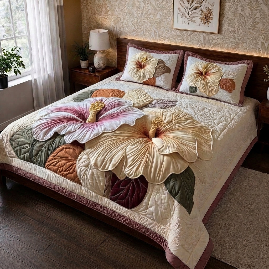 Blush Hibiscus Printed Faux Quilted Bedsheet Set (Cream)