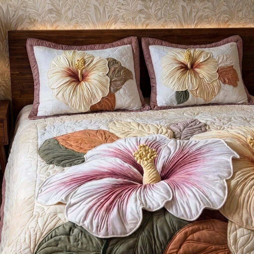 Blush Hibiscus Printed Faux Quilted Bedsheet Set (Cream)