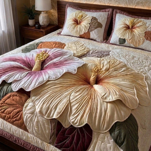 Blush Hibiscus Printed Faux Quilted Bedsheet Set (Cream)