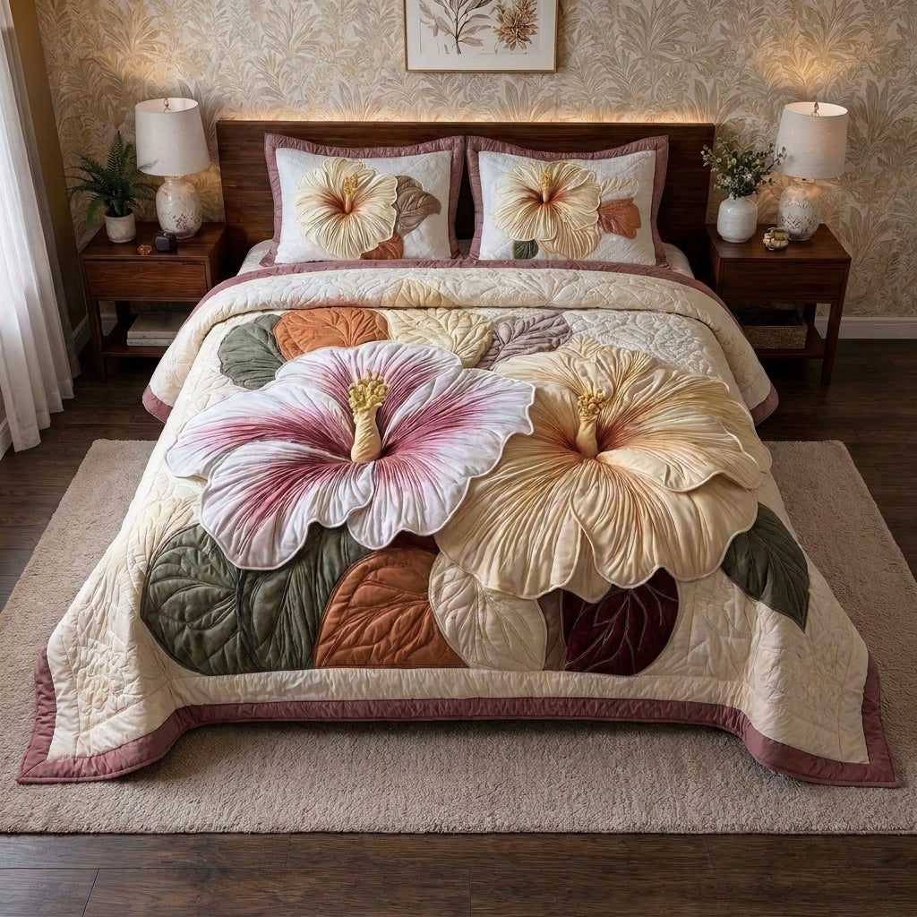 Blush Hibiscus Printed Faux Quilted Bedsheet Set (Cream)