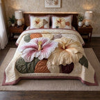 Blush Hibiscus Printed Faux Quilted Bedsheet Set (Cream)