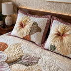 Blush Hibiscus Printed Faux Quilted Bedsheet Set (Cream)