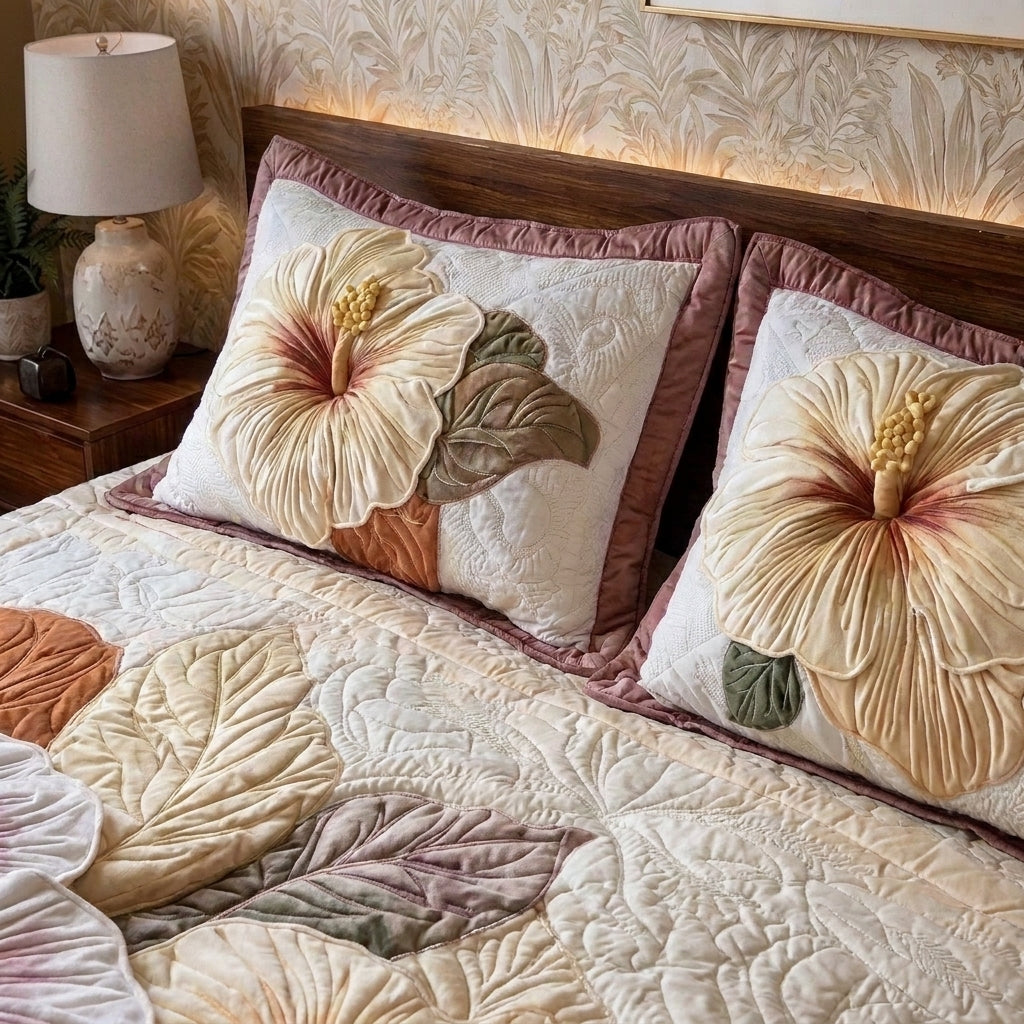 Blush Hibiscus Printed Faux Quilted Bedsheet Set (Cream)