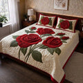 Crimson Rose Printed Faux Quilt Bedsheet Set (Cream)