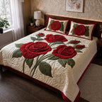 Crimson Rose Printed Faux Quilt Bedsheet Set (Cream)