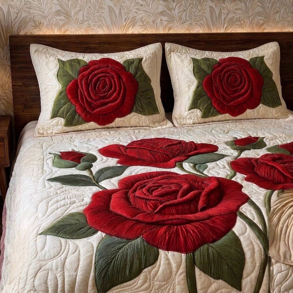 Crimson Rose Printed Faux Quilt Bedsheet Set (Cream)