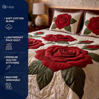 Crimson Rose Printed Faux Quilt Bedsheet Set (Cream)