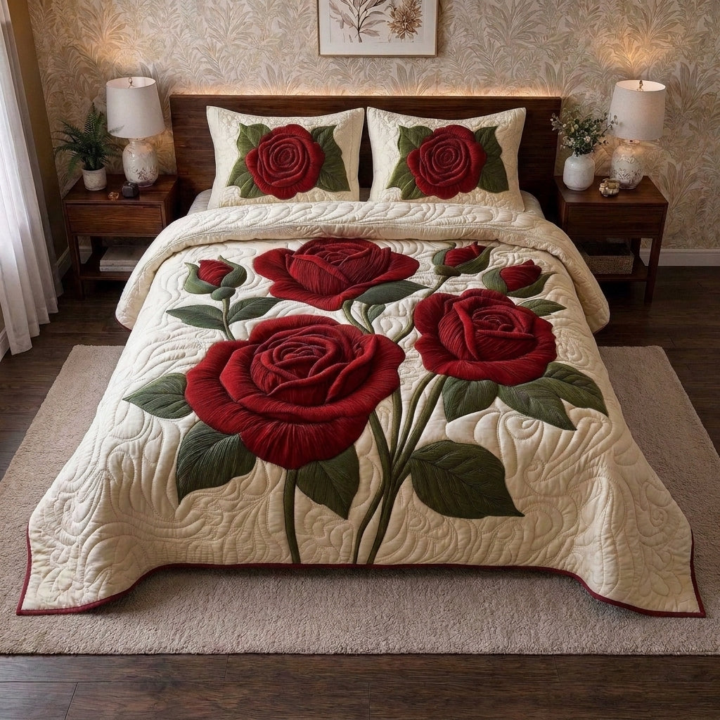 Crimson Rose Printed Faux Quilt Bedsheet Set (Cream)