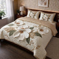 Pearl Magnolia Printed Faux Quilt Bedsheet Set (Ivory)