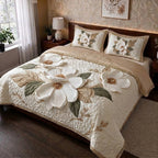 Pearl Magnolia Printed Faux Quilt Bedsheet Set (Ivory)