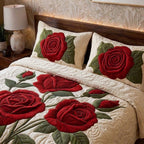 Crimson Rose Printed Faux Quilt Bedsheet Set (Cream)