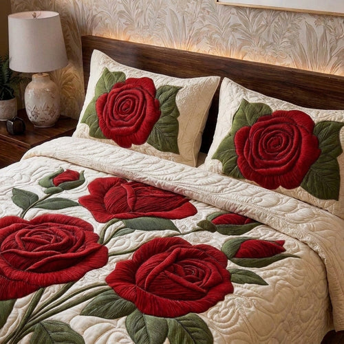 Crimson Rose Printed Faux Quilt Bedsheet Set (Cream)
