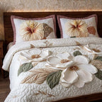 Pearl Magnolia Printed Faux Quilt Bedsheet Set (Ivory)