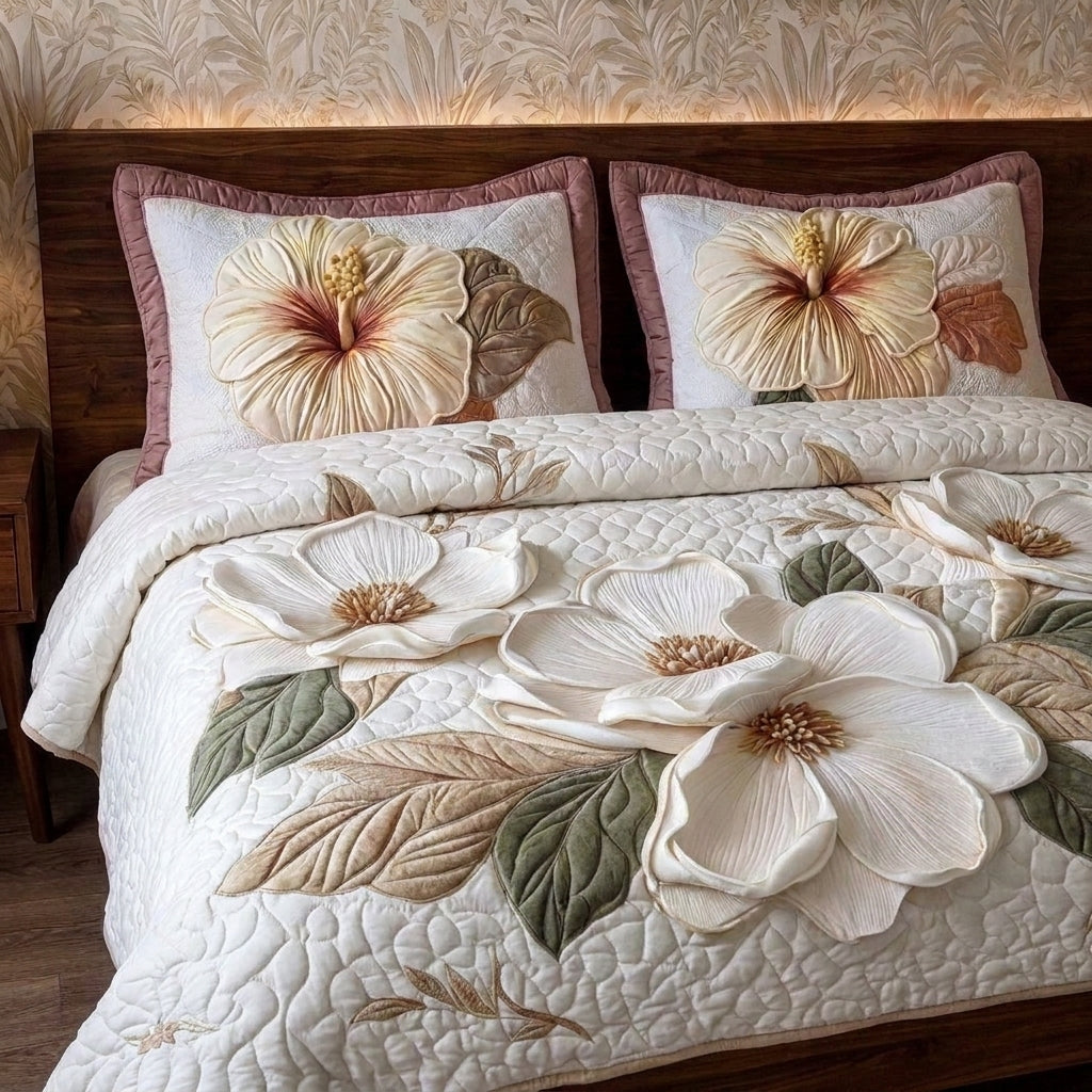 Pearl Magnolia Printed Faux Quilt Bedsheet Set (Ivory)