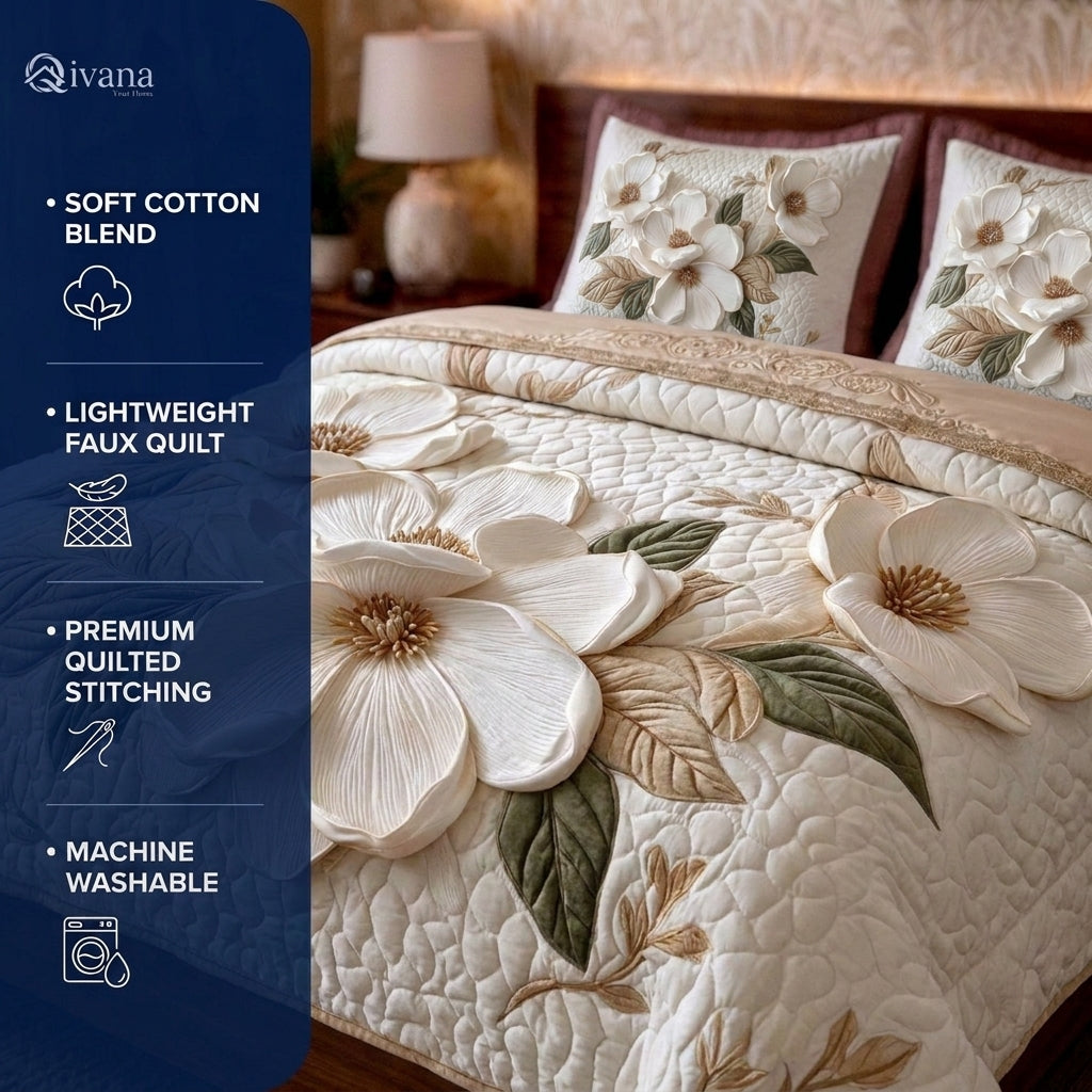 Pearl Magnolia Printed Faux Quilt Bedsheet Set (Ivory)