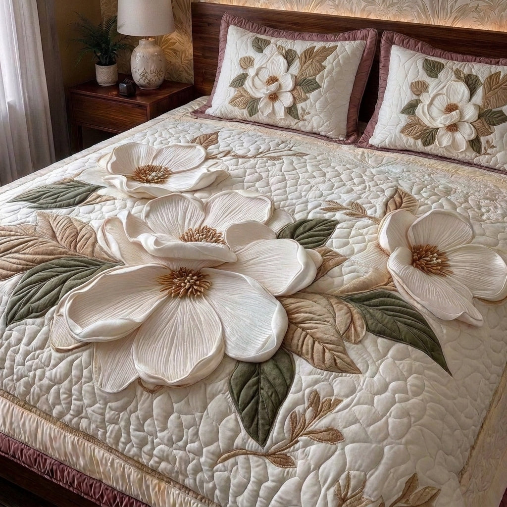 Pearl Magnolia Printed Faux Quilt Bedsheet Set (Ivory)