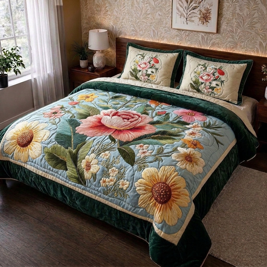 Blooming Meadow Printed Faux Quilt Bedsheet Set (Sky Blue)