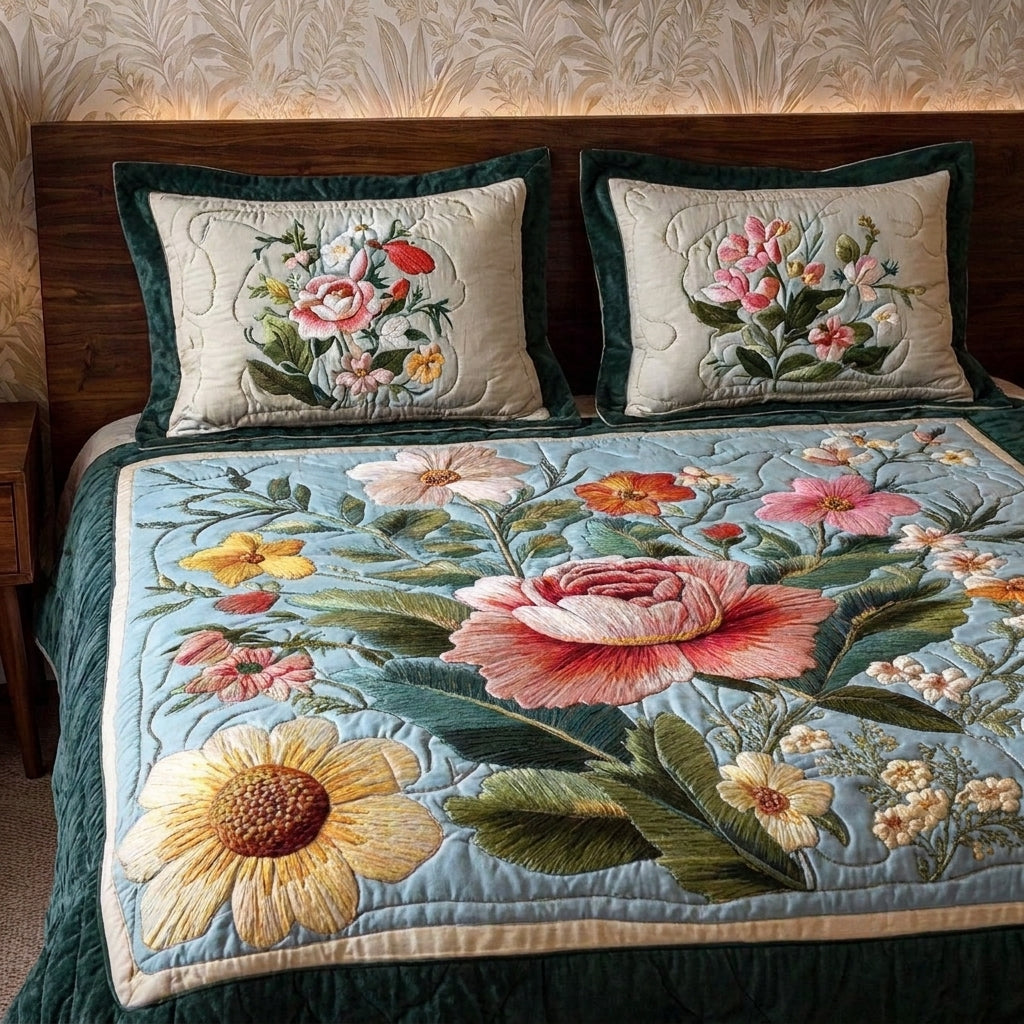 Blooming Meadow Printed Faux Quilt Bedsheet Set (Sky Blue)