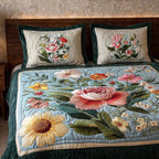 Blooming Meadow Printed Faux Quilt Bedsheet Set (Sky Blue)