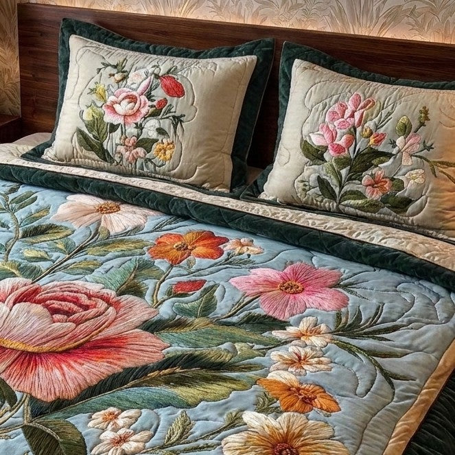 Blooming Meadow Printed Faux Quilt Bedsheet Set (Sky Blue)