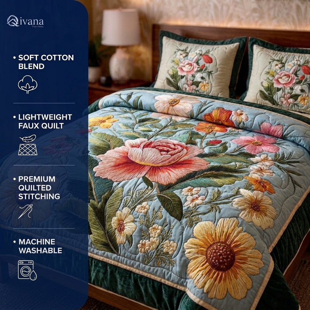 Blooming Meadow Printed Faux Quilt Bedsheet Set (Sky Blue)