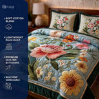 Blooming Meadow Printed Faux Quilt Bedsheet Set (Sky Blue)