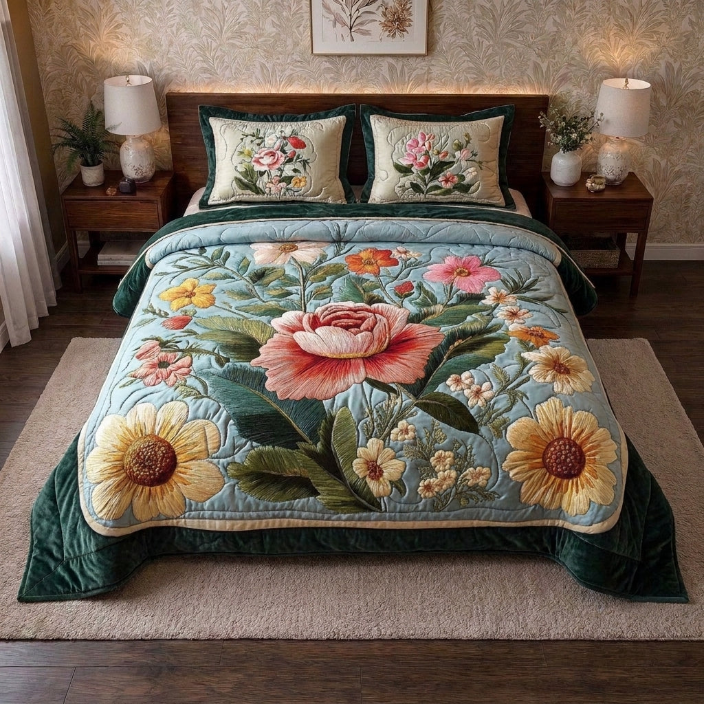 Blooming Meadow Printed Faux Quilt Bedsheet Set (Sky Blue)