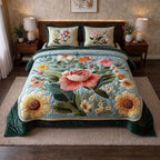Blooming Meadow Printed Faux Quilt Bedsheet Set (Sky Blue)