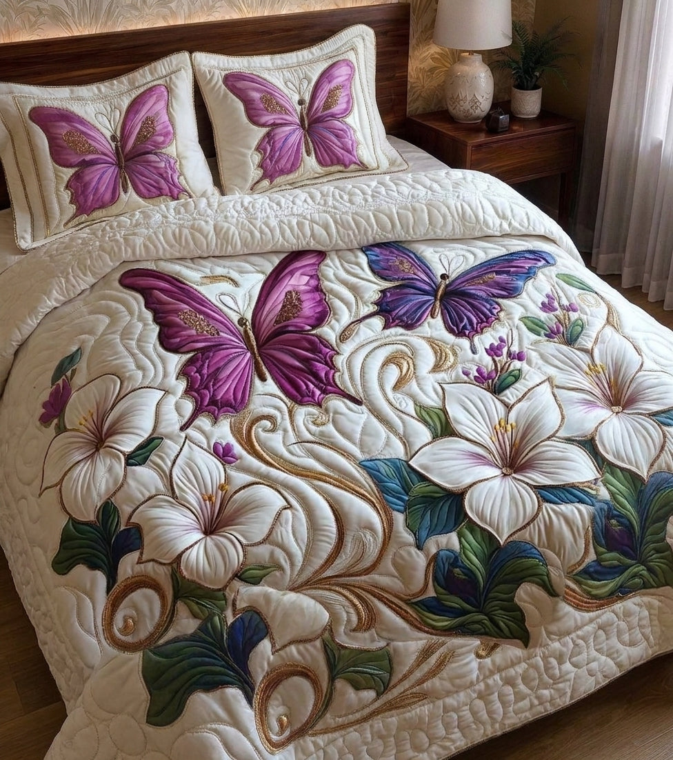 Amethyst Flutter Printed Faux Quilt Bedsheet Set (Ivory)