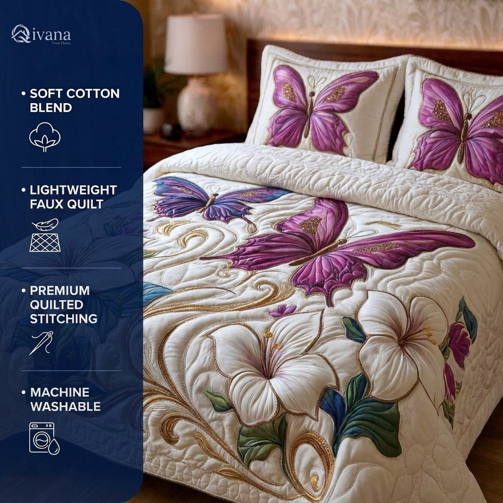 Amethyst Flutter Printed Faux Quilt Bedsheet Set (Ivory)