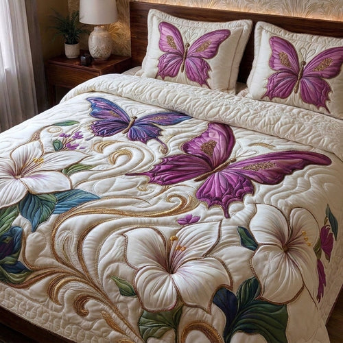 Amethyst Flutter Printed Faux Quilt Bedsheet Set (Ivory)