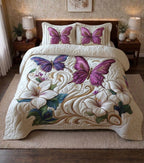 Amethyst Flutter Printed Faux Quilt Bedsheet Set (Ivory)