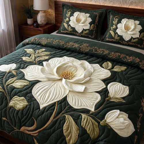 Ivory Blossom Printed Faux Quilt Bedsheet Set (Forest Green)