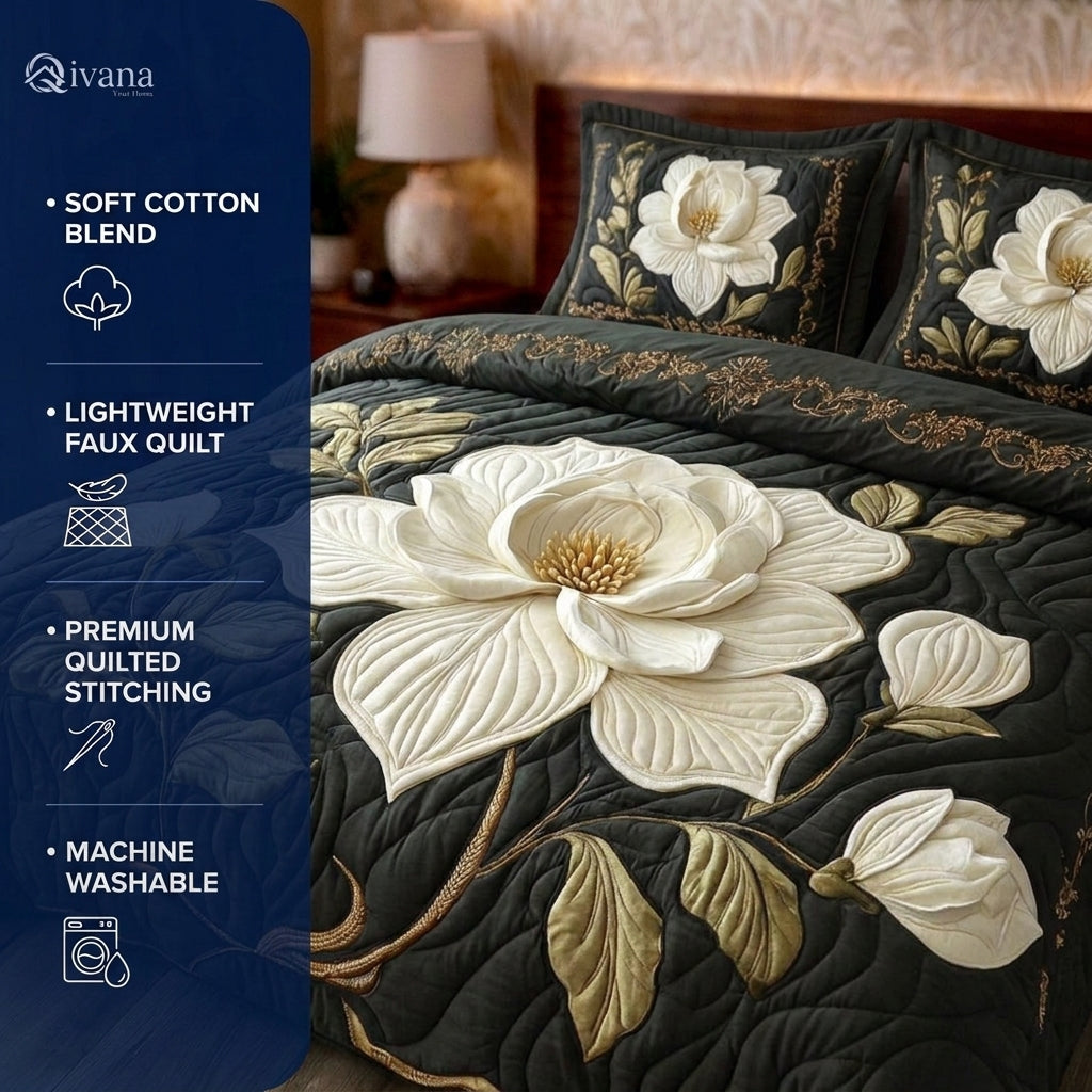 Ivory Blossom Printed Faux Quilt Bedsheet Set (Forest Green)