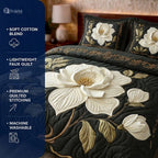 Ivory Blossom Printed Faux Quilt Bedsheet Set (Forest Green)