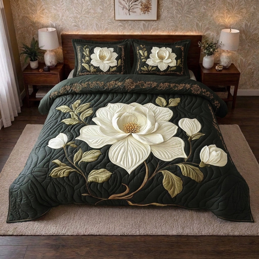 Ivory Blossom Printed Faux Quilt Bedsheet Set (Forest Green)