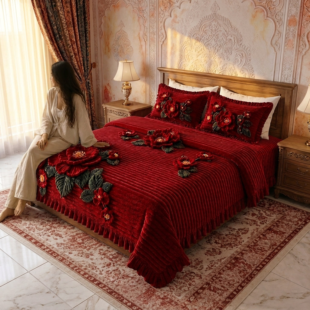 Crimson Blossom Crochet Print Bedsheet Set (Wine Red)
