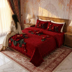 Crimson Blossom Crochet Print Bedsheet Set (Wine Red)