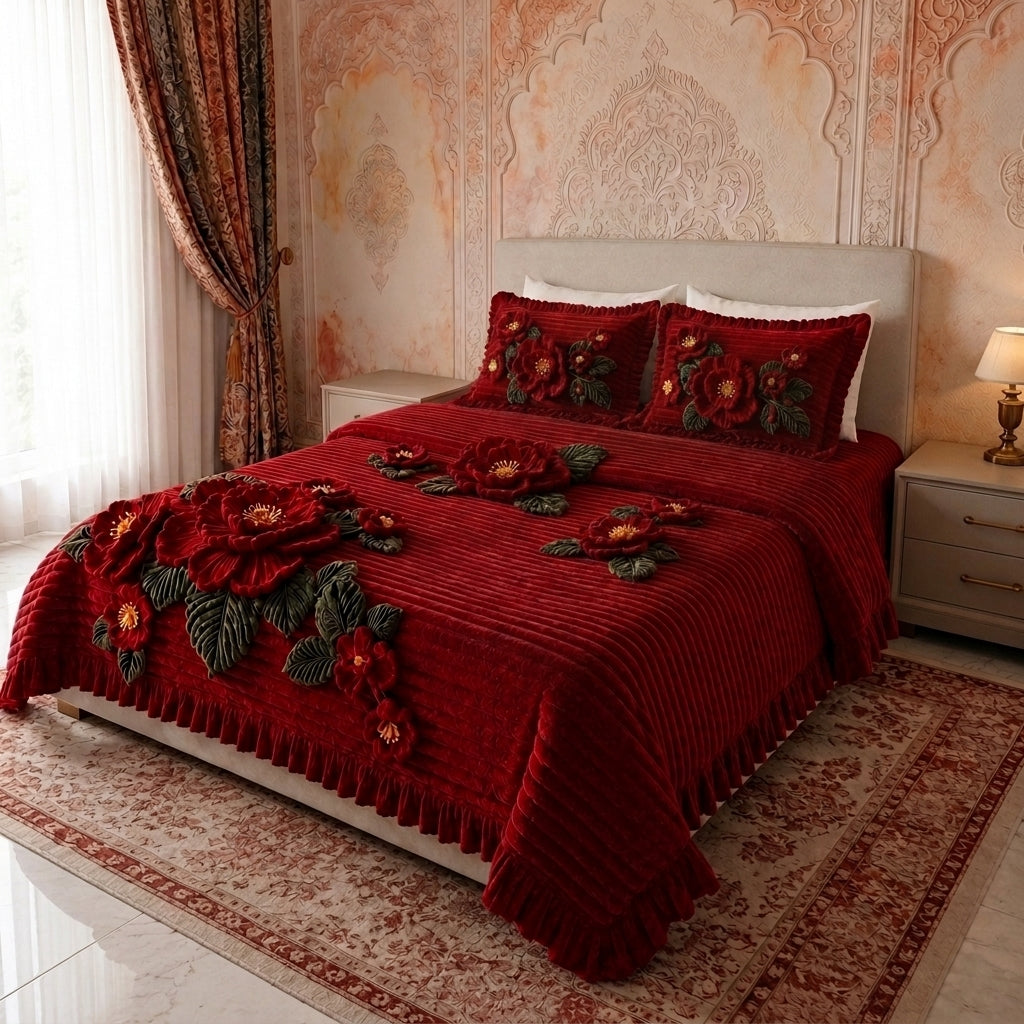 Crimson Blossom Crochet Print Bedsheet Set (Wine Red)