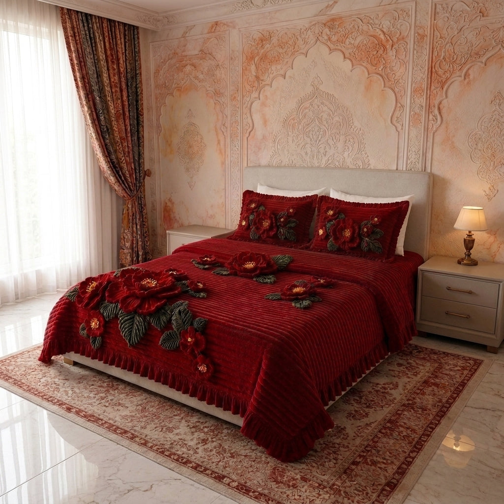 Crimson Blossom Crochet Print Bedsheet Set (Wine Red)