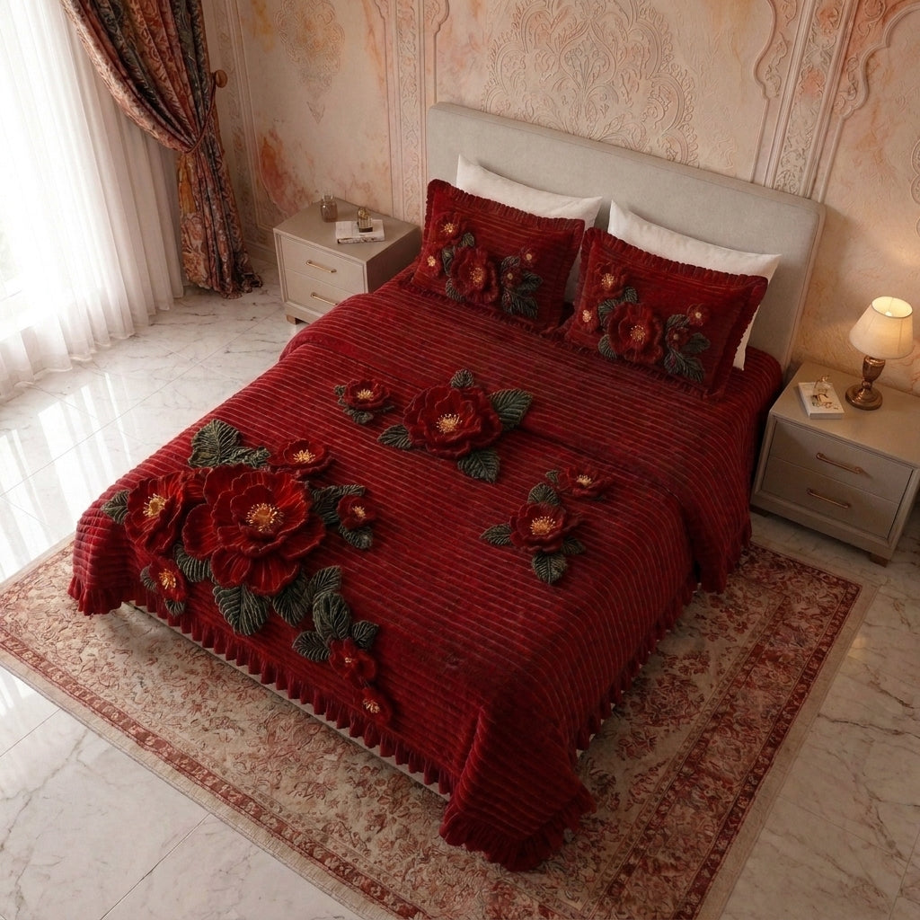 Crimson Blossom Crochet Print Bedsheet Set (Wine Red)