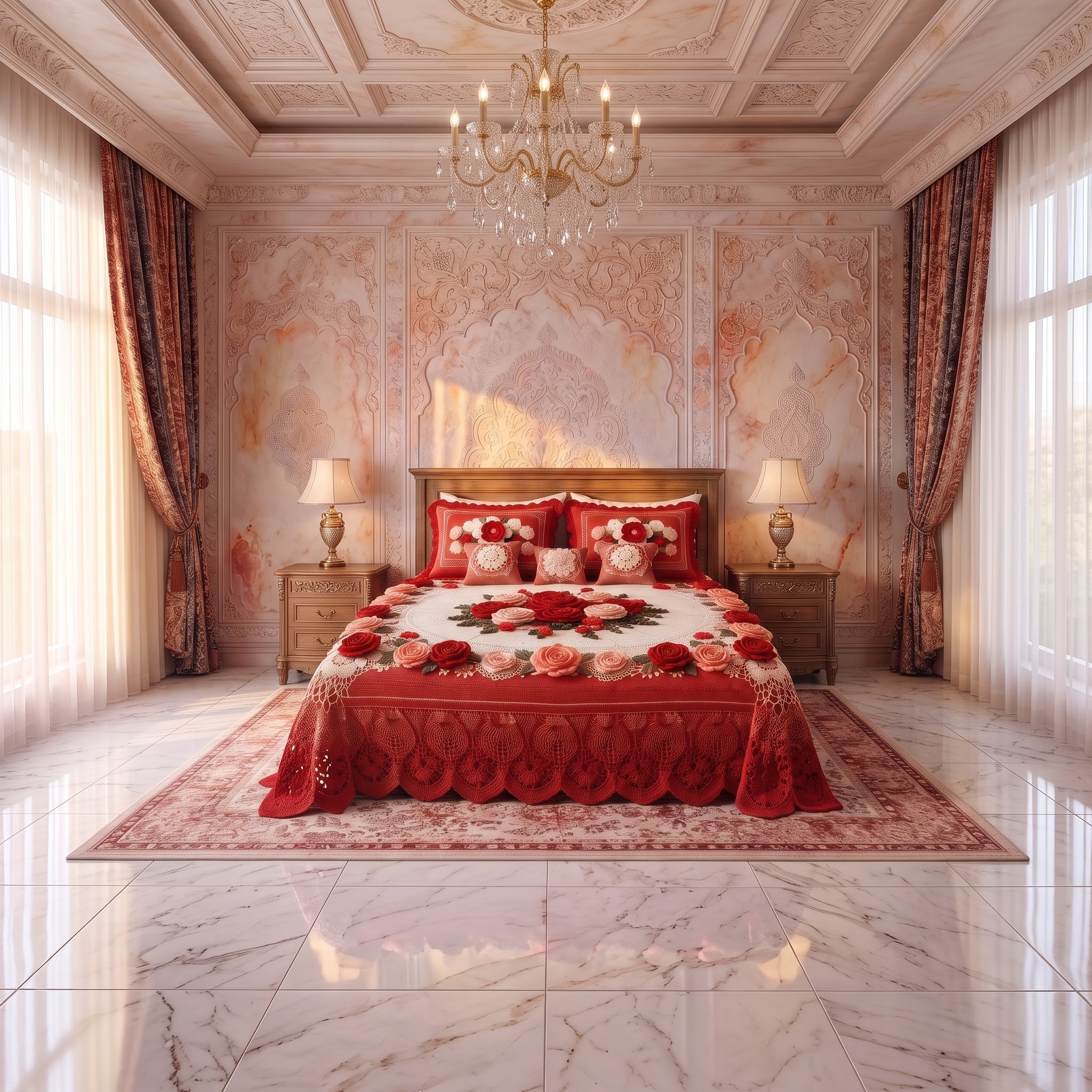 Ivory Rose Crochet Print Bedsheet Set (Ruby Red)