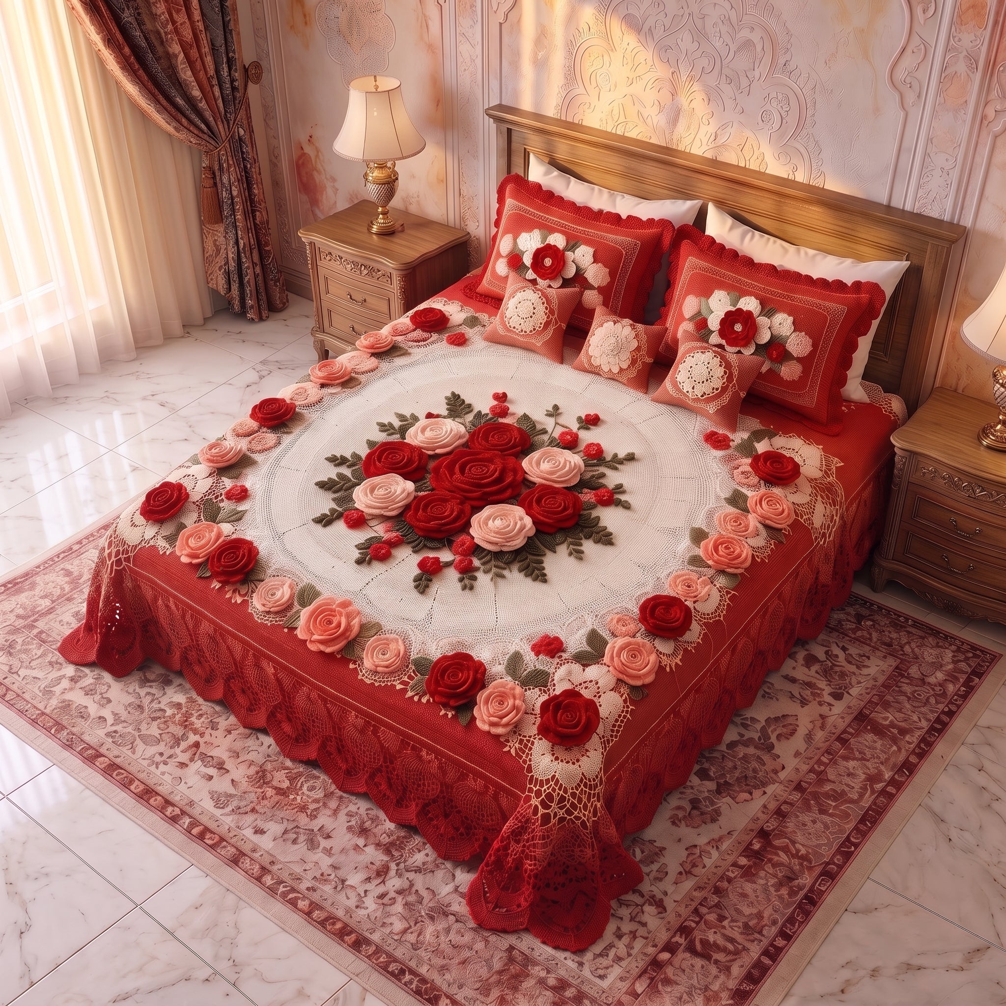 Ivory Rose Crochet Print Bedsheet Set (Ruby Red)