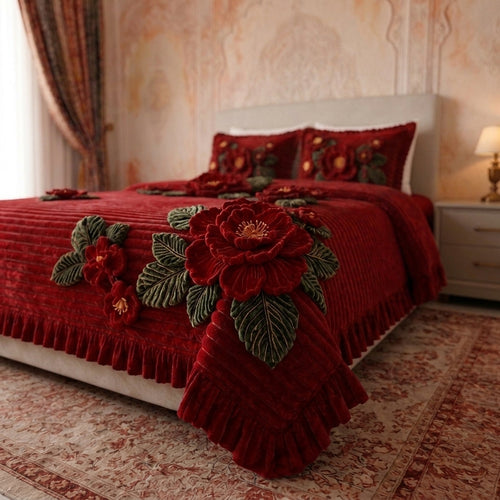 Crimson Blossom Crochet Print Bedsheet Set (Wine Red)